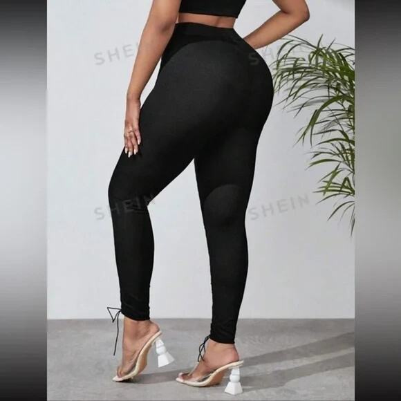Shein Black Lace Up Leggings Sz Large Stretch Ribbed Adjustable Cutout New - Picture 2 of 7